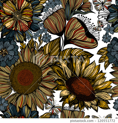 Hand Drawn Artistic Daisy Flowers Seamless Pattern. Blotched Floral Print with butterflies. Expressive Outlines, Retro Fashion Design hand drawing. Not AI, Vector illustration. Hand Drawn Artistic Daisy Flowers Seamless Pattern. Blotched Floral Print with butterflies. Expressive Outlines, Retro Fashion Design hand drawing. Not AI, Vector illustration. 120551772