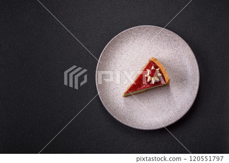 Delicious sweet dessert cheesecake with raspberry and pistachio flavor 120551797