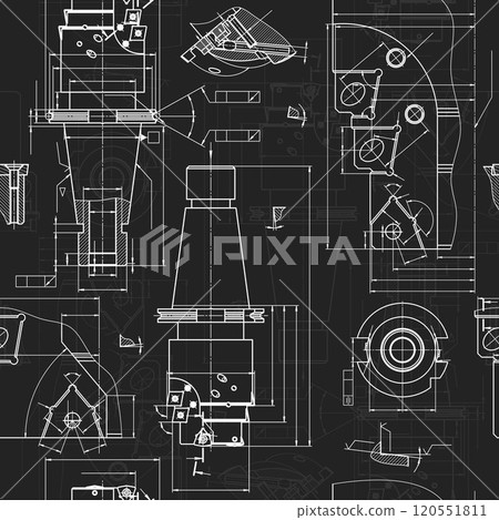Mechanical engineering drawings on black background. Tap tools, borer. Technical Design. Cover. Blueprint. Seamless pattern. Vector illustration. 120551811