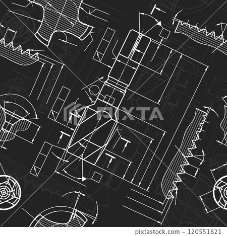 Mechanical engineering drawings on black background. Tap tools, borer. Technical Design. Cover. Blueprint. Seamless pattern. Vector illustration. Mechanical engineering drawings on black background. Tap tools, borer. Technical Design. Cover. Blueprint. Seamless pattern. Vector illustration. 120551821