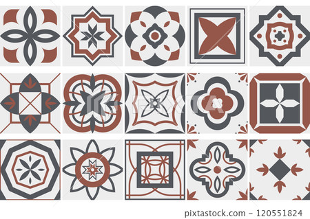 Collection of seamless geometric mosaic patterns - trendy color tile textures. Decorative ornamental backgrounds. Vector repeatable tileable prints Collection of seamless geometric mosaic patterns - trendy color tile textures. Decorative ornamental backgrounds. Vector repeatable tileable prints 120551824