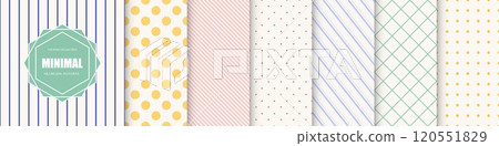 Collection of delicate geometric seamless patterns. Simple dotted and striped textures. Repeatable unusual color minimalistic backgrounds. Textile endless prints 120551829