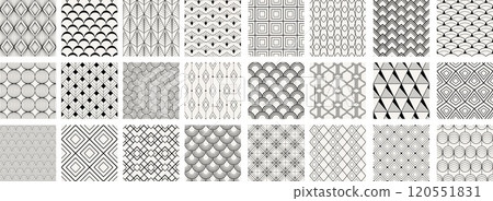 Collection of art deco seamless ornamental geometric patterns - black and beige design. Repeatable oriental monochrome backgrounds. Decorative elegant prints Collection of art deco seamless ornamental geometric patterns - black and beige design. Repeatable oriental monochrome backgrounds. Decorative elegant prints 120551831