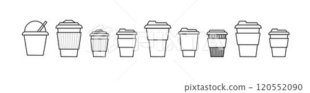 Coffee cup line and flat style. Disposable coffee cup. Coffee paper cup container for hot and cold drink juice tea cocoa. Vector Coffee cup line and flat style. Disposable coffee cup. Coffee paper cup container for hot and cold drink juice tea cocoa. Vector 120552090