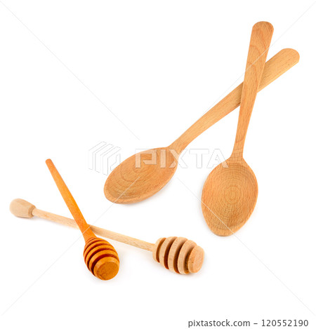 Wooden spoons and dippers isolated on white. Free space for text. Collage. Wooden spoons and dippers isolated on white. Free space for text. Collage. 120552190