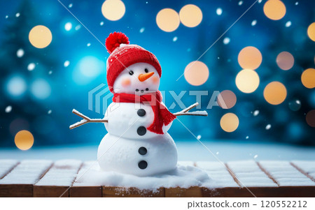 snowman on a wooden table with copy space, Christmas winter background, Merry Christmas and happy new year greeting card concept 120552212