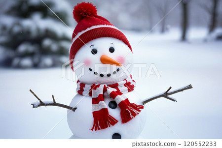 Christmas winter background, snowman and blurred bokeh background with copy space. Merry Christmas and happy new year greeting card concept 120552233