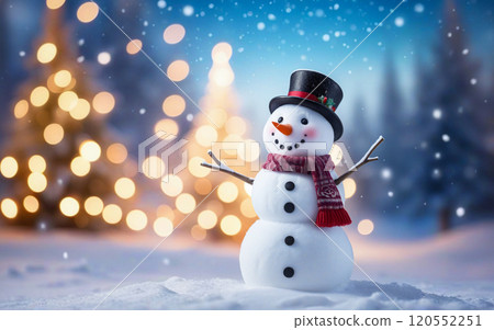 Christmas winter background, snowman and blurred bokeh background with copy space. Merry Christmas and happy new year greeting card concept 120552251
