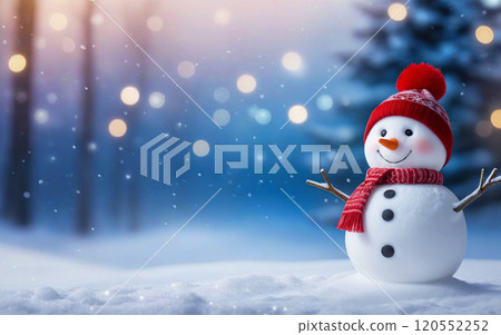 Christmas winter background, snowman and blurred bokeh background with copy space. Merry Christmas and happy new year greeting card concept Christmas winter background, snowman and blurred bokeh background with copy space. Merry Christmas and happy new year greeting card concept 120552252