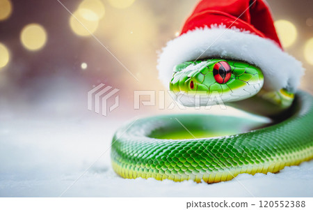 A green wooden snake in a Santa hat, falling snow bokeh background with space for text, 2025 concept, new year 120552388
