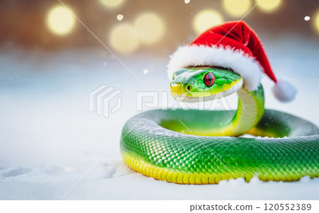 A green wooden snake in a Santa hat, falling snow bokeh background with space for text, 2025 concept, new year 120552389