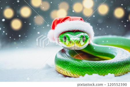 A green wooden snake in a Santa hat, falling snow bokeh background with space for text, 2025 concept, new year A green wooden snake in a Santa hat, falling snow bokeh background with space for text, 2025 concept, new year 120552390