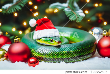 A green wooden snake in a Santa hat on a pile of Christmas decorations, bokeh background, 2025 concept, new year A green wooden snake in a Santa hat on a pile of Christmas decorations, bokeh background, 2025 concept, new year 120552396
