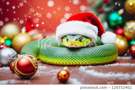 A green wooden snake in a Santa hat on a pile of Christmas decorations, bokeh background, 2025 concept, new year 120552402