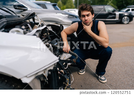 Thoughtful mechanic male in uniform examining front of car without bumper, assessing plan for future work in automobile repair and renew service station. Concept of car service, repair, maintenance. 120552751