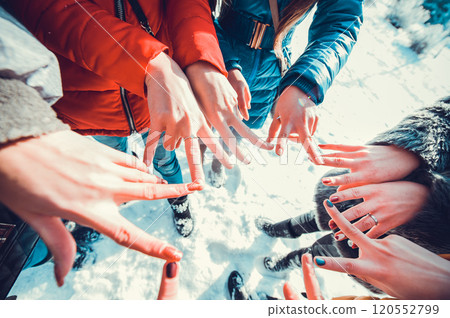Hands of young people in the winter, team concept.Winter vacations concept.Flying Snowflakes. Blowing Snow in frosty winter Park on Sunny day. Joyful 120552799