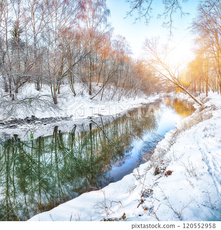 Fantastic  landscape in city park with snowy trees and beautiful frozen river. 120552958