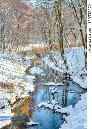 Fabulous landscape in city park with snowy trees and beautiful frozen river. 120552970