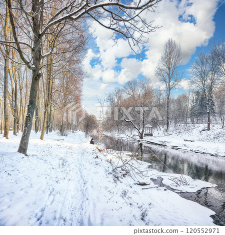 Fabulous landscape in city park with snowy trees and beautiful frozen river. 120552971