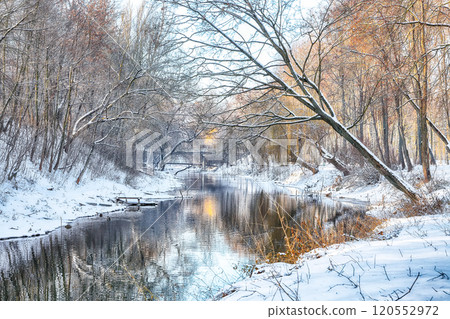 Fantastic landscape in city park with snowy trees and beautiful frozen river. Fantastic landscape in city park with snowy trees and beautiful frozen river. 120552972