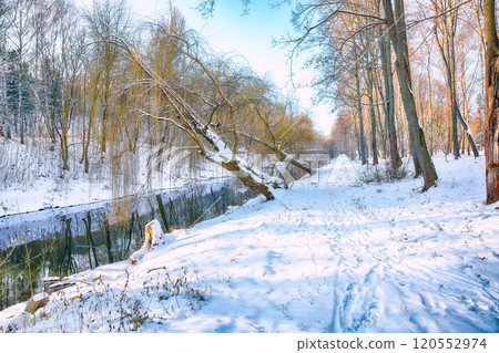 Fantastic landscape in city park with snowy trees and beautiful frozen river. Fantastic landscape in city park with snowy trees and beautiful frozen river. 120552974