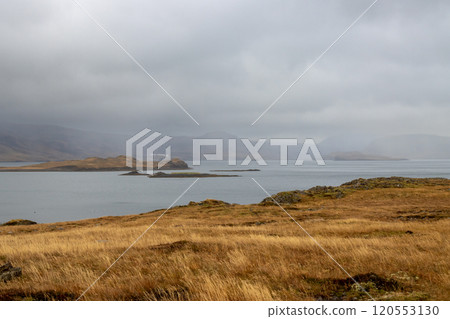 Autumn nature and a fjord, Hvammsvik, Iceland 120553130