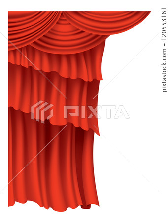 Red curtains realistic. Theater fabric silk decoration for movie cinema or opera hall. Curtains and draperies interior decoration object. Isolated on transparent for theater stage Red curtains realistic. Theater fabric silk decoration for movie cinema or opera hall. Curtains and draperies interior decoration object. Isolated on transparent for theater stage 120553161