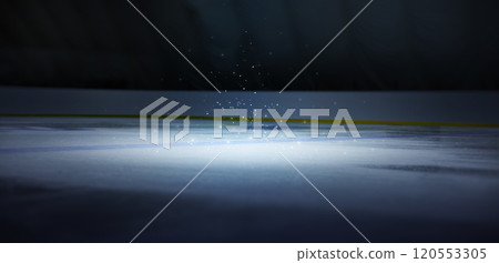 Ice. Realistic ice and light on hockey stadium. Ice background. Reflection. Bright lighting with spotlights. Sparkles. Background Ice. Realistic ice and light on hockey stadium. Ice background. Reflection. Bright lighting with spotlights. Sparkles. Background 120553305