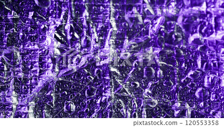 Color droplet. Purple condensate. Dispersion on bubble film glossy surface. Chaotic shimmering wetness cascade humidity on deformed foil. Color droplet. Purple condensate. Dispersion on bubble film glossy surface. Chaotic shimmering wetness cascade humidity on deformed foil. 120553358