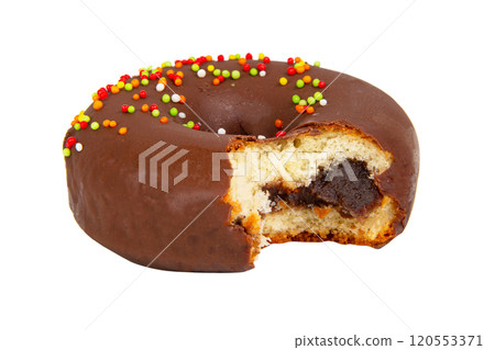 Chocolate glazed donut eaten isolated on the white background 120553371