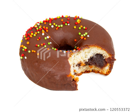 Chocolate glazed donut eaten isolated on the white background 120553372