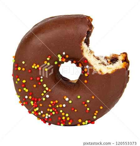 Chocolate glazed donut eaten isolated on the white background 120553373