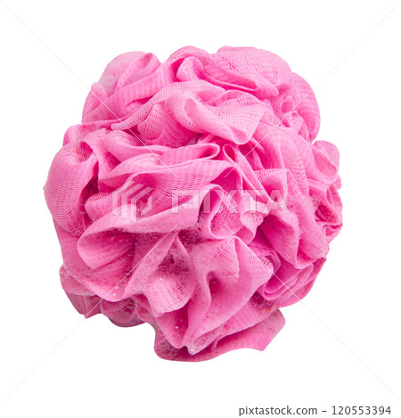 Pink shower sponge for bath isolated on the white background 120553394