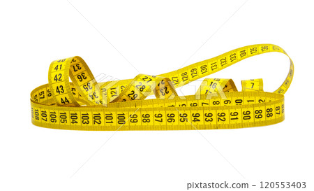 Spiral yellow tape measure isolated on the white background 120553403