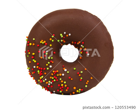 Chocolate glazed donut decorated isolated on the white background Chocolate glazed donut decorated isolated on the white background 120553490