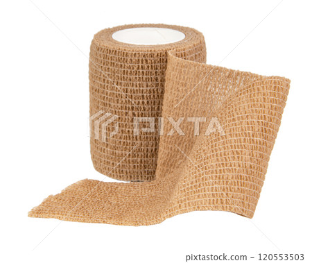 Brown medical bandage elastic isolated on the white background 120553503