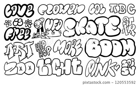 Graffiti art. Spray font elements. Doodle hand drawn lettering. Paint brush grunge texture. Line heart and star. Abstract fashion graphic. Text phrases set. Vector underground design Graffiti art. Spray font elements. Doodle hand drawn lettering. Paint brush grunge texture. Line heart and star. Abstract fashion graphic. Text phrases set. Vector underground design 120553592