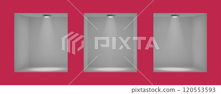 3D shelves. Exhibit furniture. Design interior wall for gallery. Empty office or store. Home or museum bookshelf with spotlight. Showcase frame. Cube shape stand. Vector showing niches set 120553593