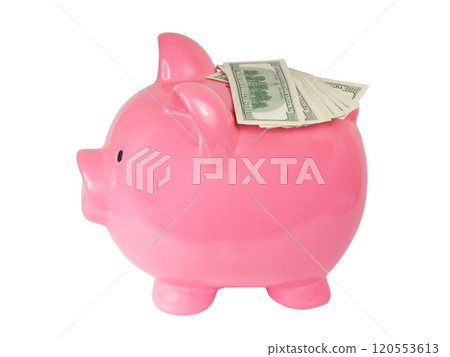 Pink piggy bank ceramic money toy isolated on the white background 120553613