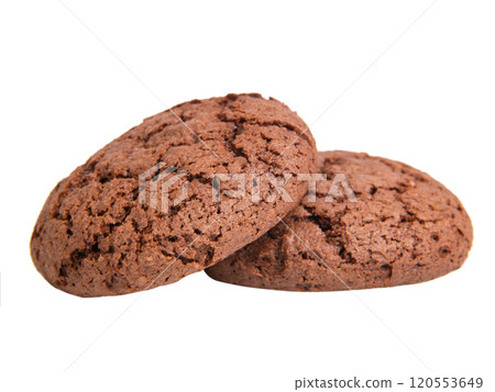 Two perfect dark chocolate cookies isolated on the white background 120553649