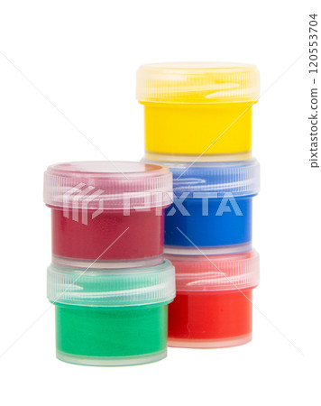 Different color cans of gouache paint isolated on the white background 120553704