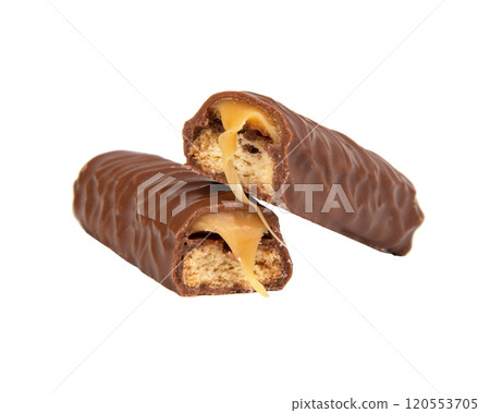 Tasty chocolate bar stick caramel isolated on the white background 120553705