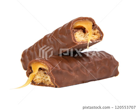 Tasty chocolate bar stick caramel isolated on the white background Tasty chocolate bar stick caramel isolated on the white background 120553707