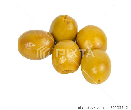 Many green olives pitted isolated on the white background 120553742