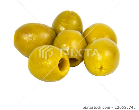 Many green olives pitted isolated on the white background Many green olives pitted isolated on the white background 120553743
