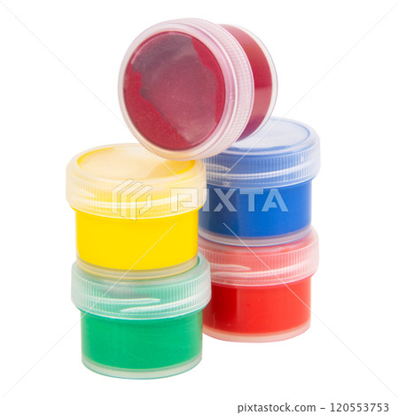 Multicolor gouache paint box isolated on the white background Multicolor gouache paint box isolated on the white background 120553753