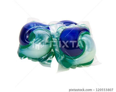 Blue green gel capsules for washing clothes isolated on the white background 120553807