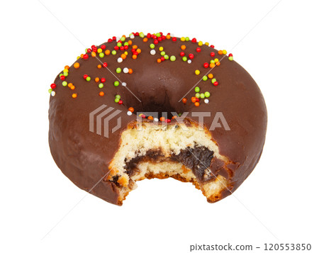 Chocolate glazed donut eaten isolated on the white background Chocolate glazed donut eaten isolated on the white background 120553850