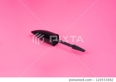 Black tube mascara for lashes make up on pink background 120553892