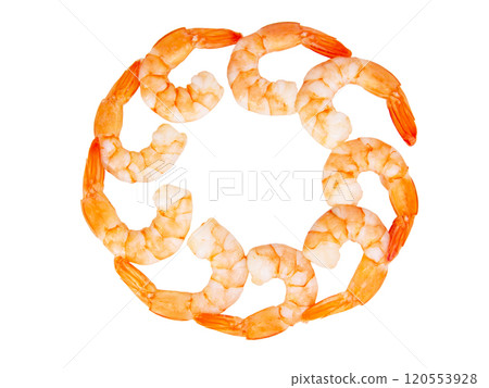 Many peeled shrimps in circle isolated on the white background Many peeled shrimps in circle isolated on the white background 120553928